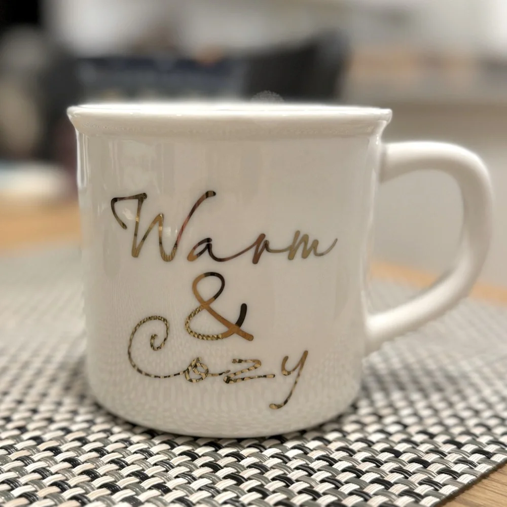 Pottery Barn Warm & Cozy Mug White With Gold Trim Winter Holiday Christmas